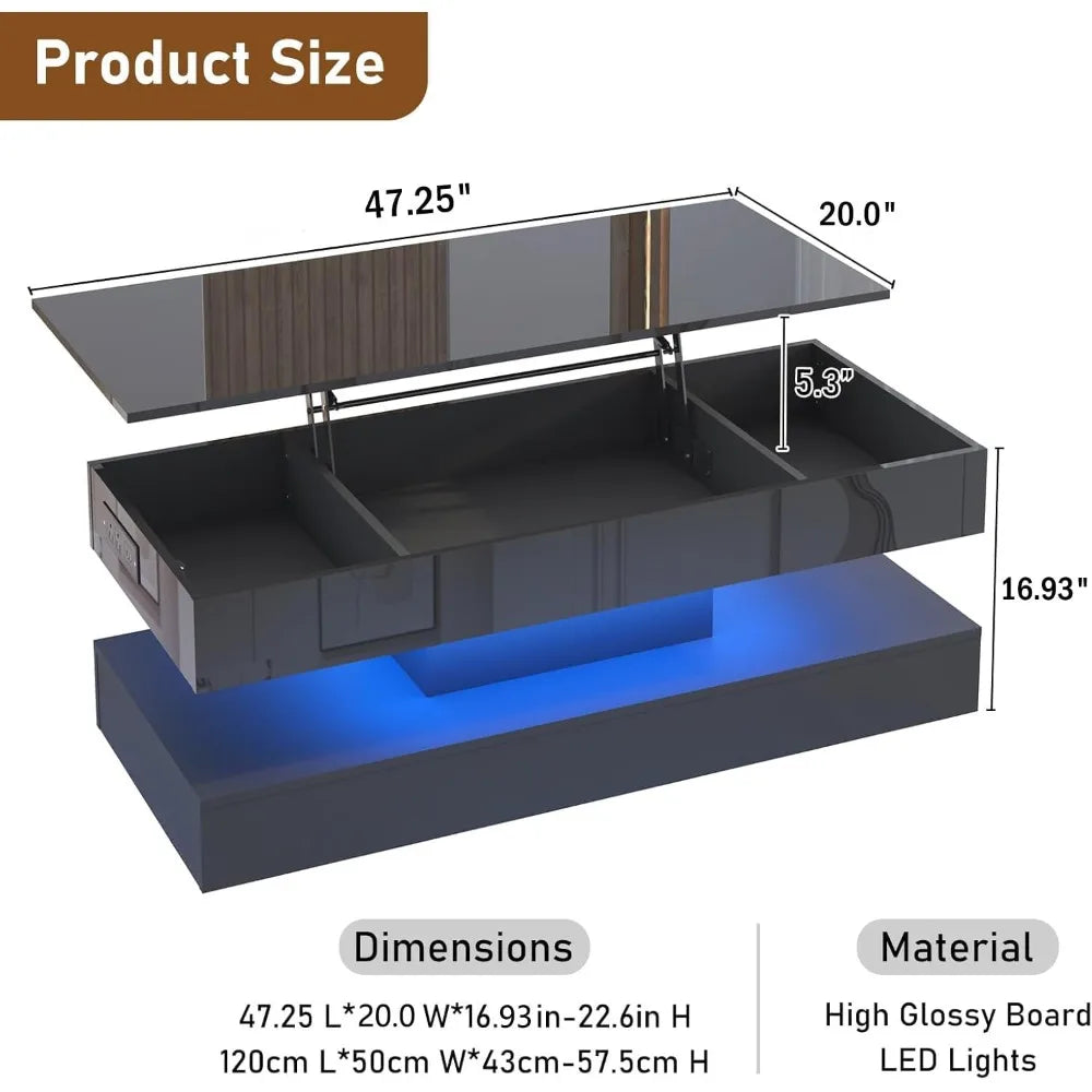 47.2" Large Lift Top Coffee Table,Modern High Glossy LED Coffee Tables for Living Room with Storage,Black Living Room Tables for