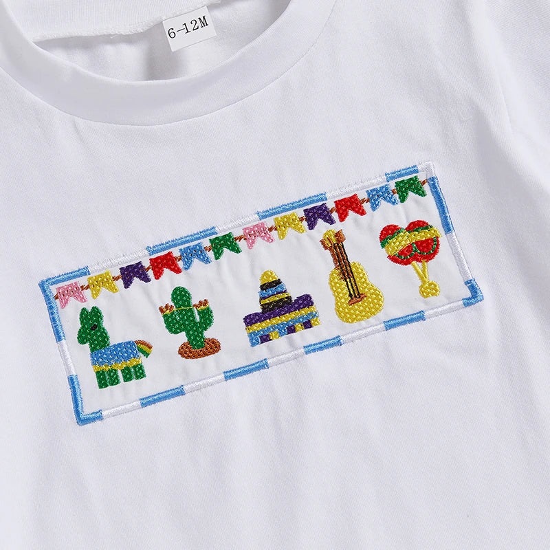 Infant Boy Casual Summer Wear Embroidered Crew Neck Tee with Striped Shorts Set for a Stylish Look