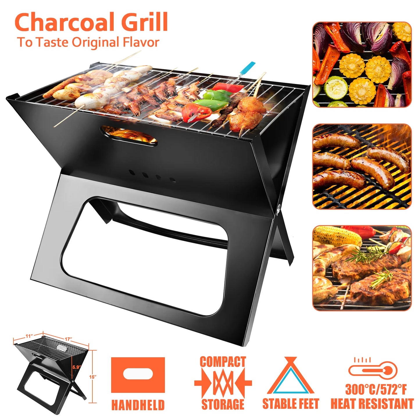 [US Stock] Portable Charcoal BBQ Grill Folding Tabletop Barbecue Grill Lightweight Outdoor Camping Picnic Tailgating Grill 17 In