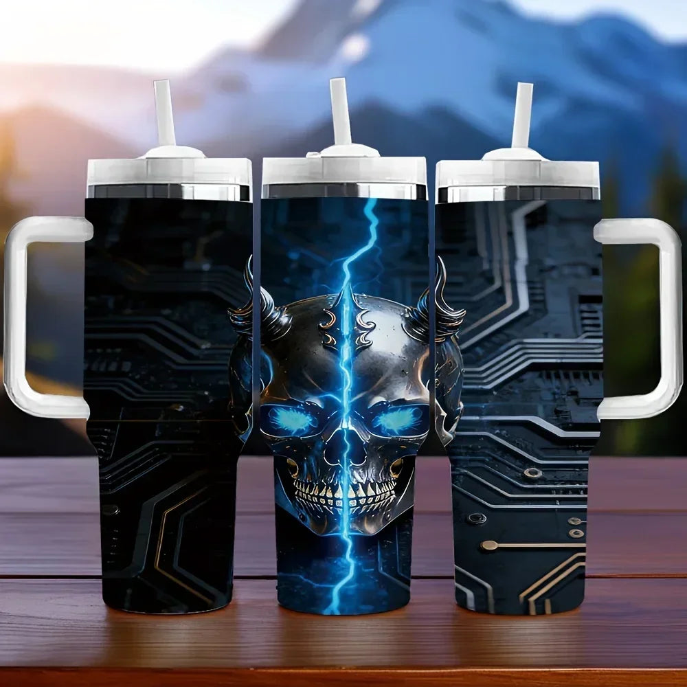 40Oz Insulated Tumbler with Handle, Cool Horned Skull with Blue Lightning Circuit Print, Perfect Holiday Birthday Gift, Suitable for Daily And Outdoor Use