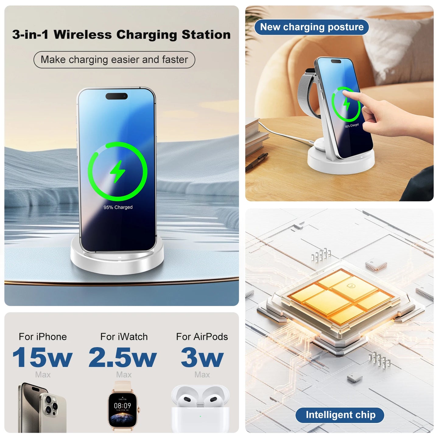 3 In 1 Magnetic Wireless Charger Stand 15W Fast Charging Dock Station Phone Holder For iPhone 17 16 15 14 Airpod Watch