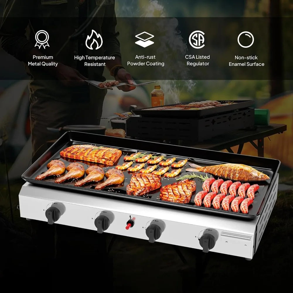4 Burner Portable Propane Griddle with Nonstick Enameled Tray, 40,000 BTU Tabletop Flat Top Gas Grill with Electronic Ign