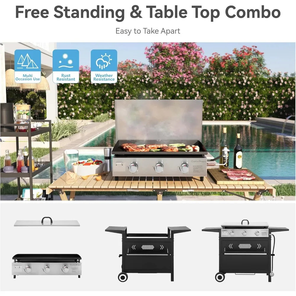 27 inch BBQ Propane Gas Griddle, Freestanding/Tabletop Flat Top Griddle w/Ceramic Coated Cast Iron Pan, 3 Burner Lift-Off Gridd