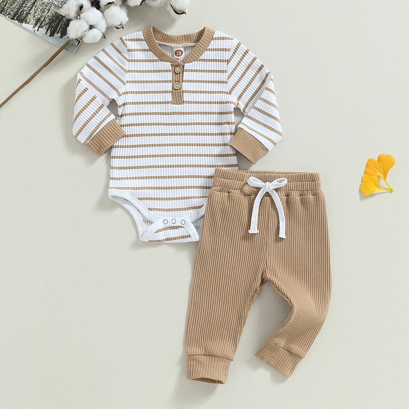 2023-06-29 Lioraitiin 0-24M Infant Baby Boy 2Pcs Fall Outfits Long Sleeve Striped Print Romper Pants Set Infant Warm Clothes