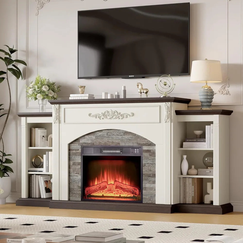 Electric Fireplace with Mantel, White TV Stand for TVs Up to 80 Inch, Farmhouse Entertainment Center with Storage for Bedroom