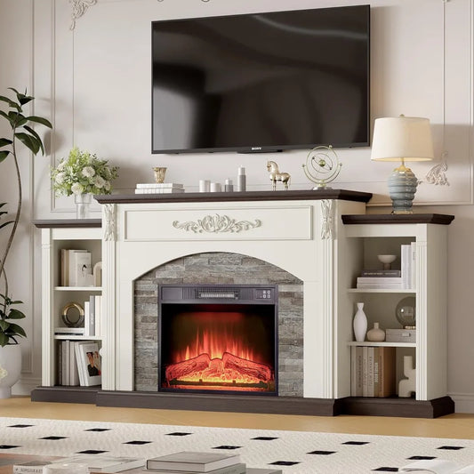 Electric Fireplace with Mantel, White TV Stand for TVs Up to 80 Inch, Farmhouse Entertainment Center with Storage for Bedroom