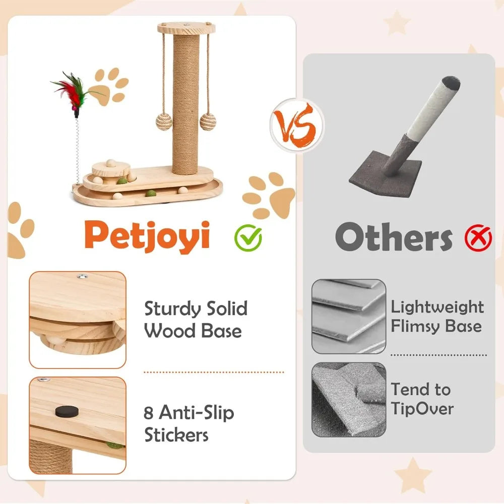 Sisal Cat Scratching Post for Indoor Cats with 2-Tier Ball Track, Interactive Kitten Toy Set with Teaser Wand and Rolling Balls