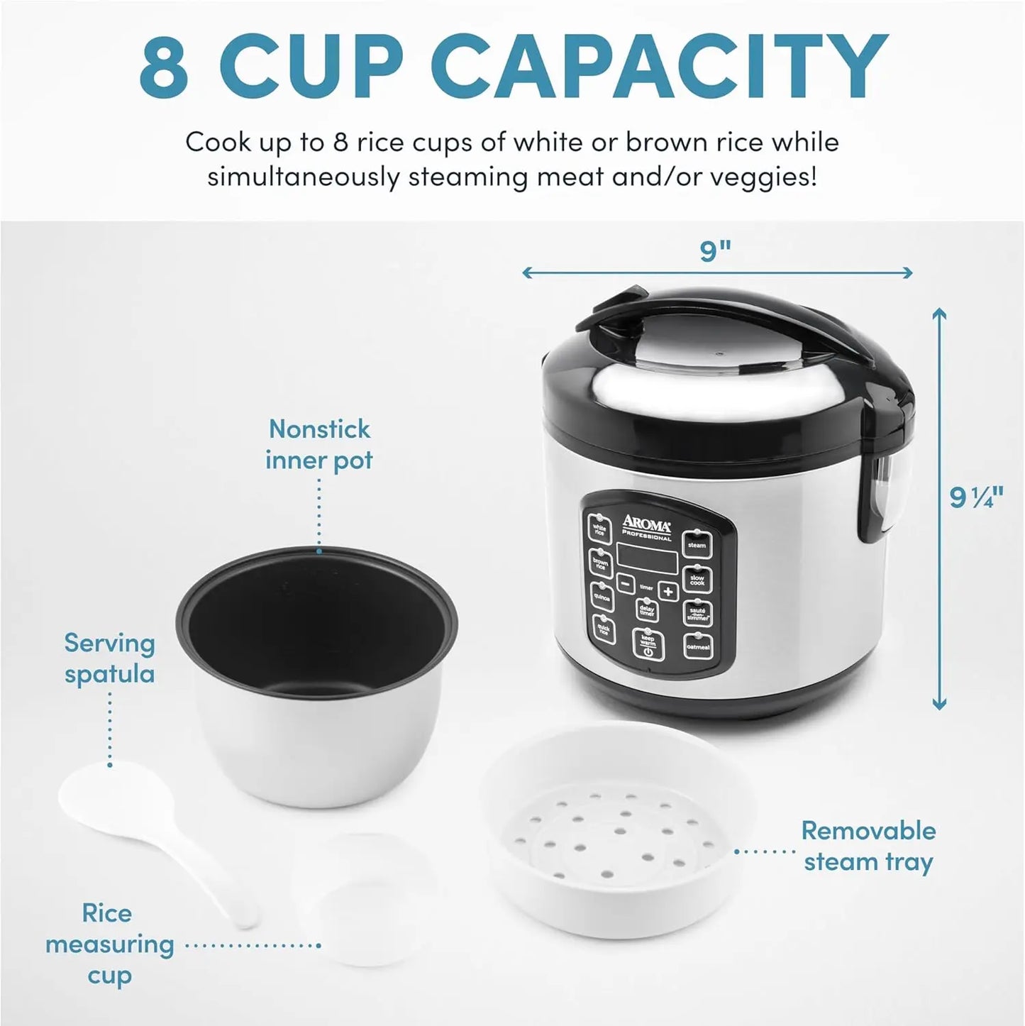 4-Cup Digital Rice Cooker & Multicooker with Steamer, Slow Cook, Oatmeal Cook, Auto Keep Warm, 2 Qt Stainless Steel