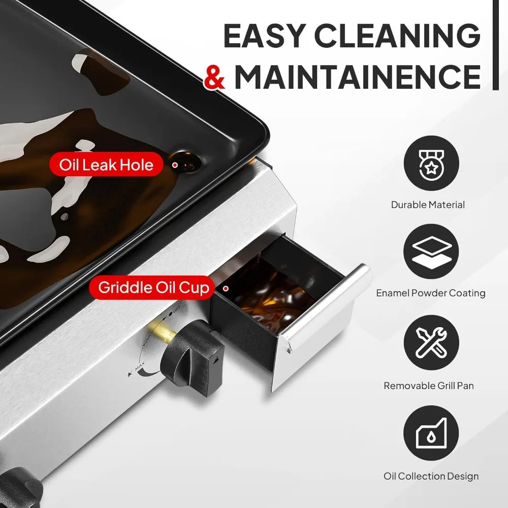4 Burner Portable Propane Griddle with Nonstick Enameled Tray, 40,000 BTU Tabletop Flat Top Gas Grill with Electronic Ign