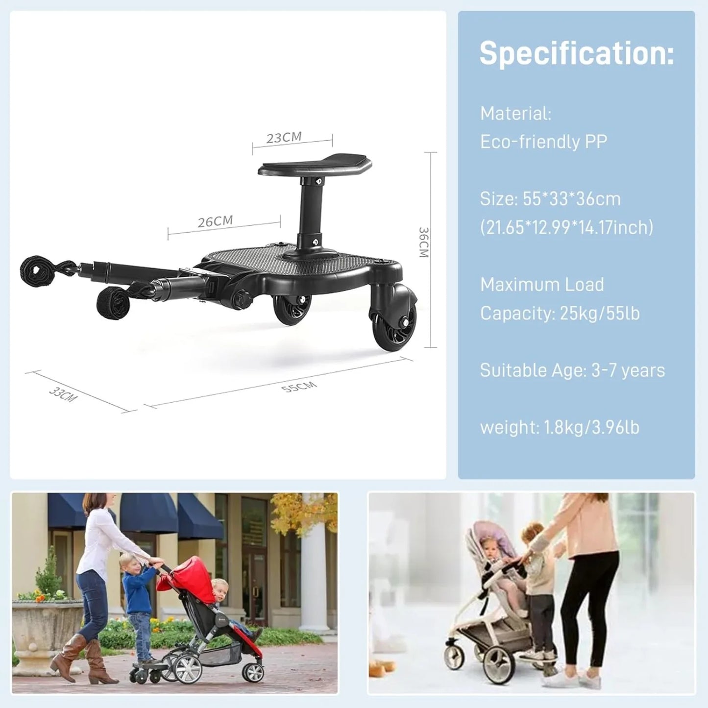 Universal Stroller Board, Stroller Glider Board with Detachable Seat Standing Board,  Holds Children Up to 25KG/55Lbs