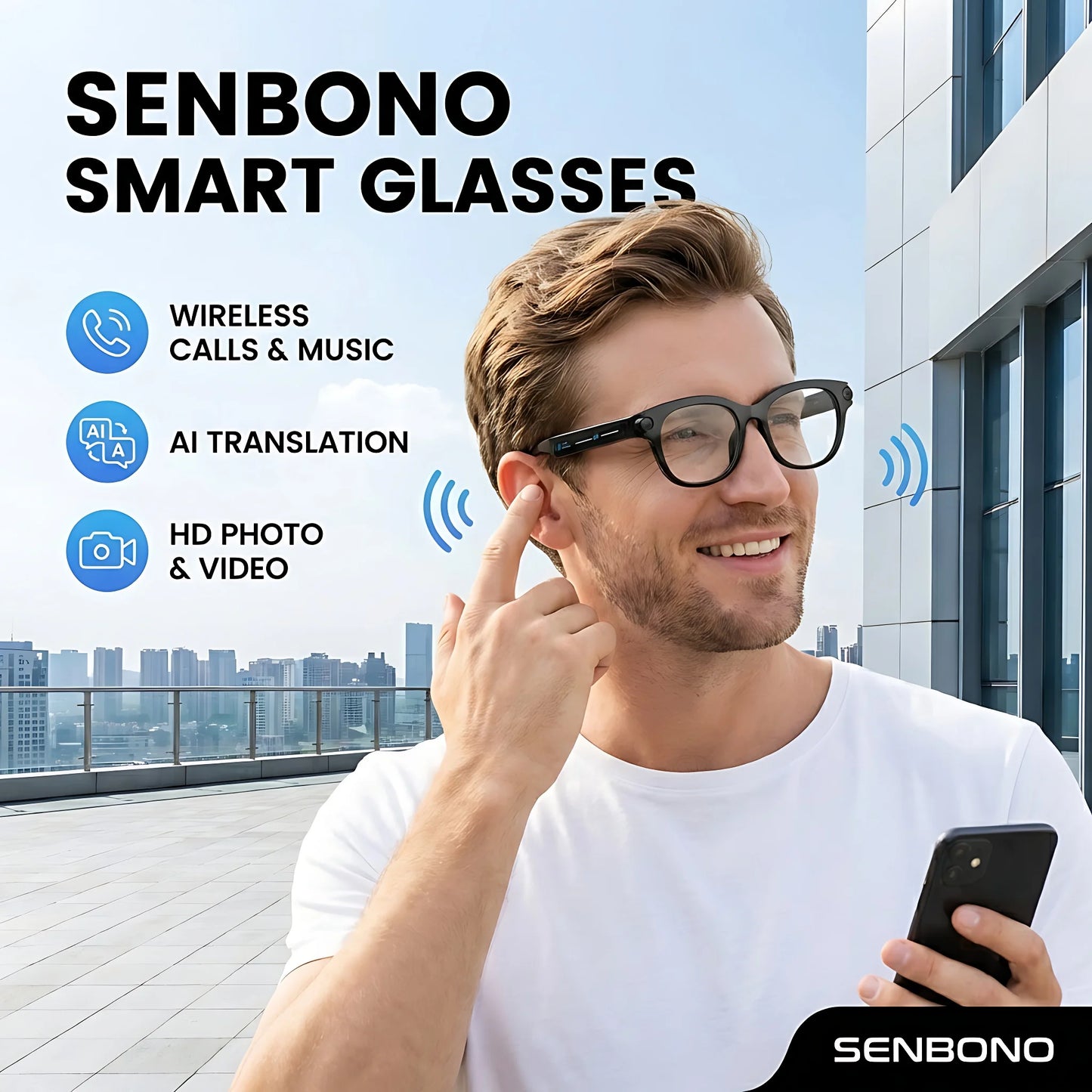 SENBONO 2026 New Smart Glasses 200W Pixels Camera Portable Charger 100+language Translation Bluetooth Call Music Player Glasses