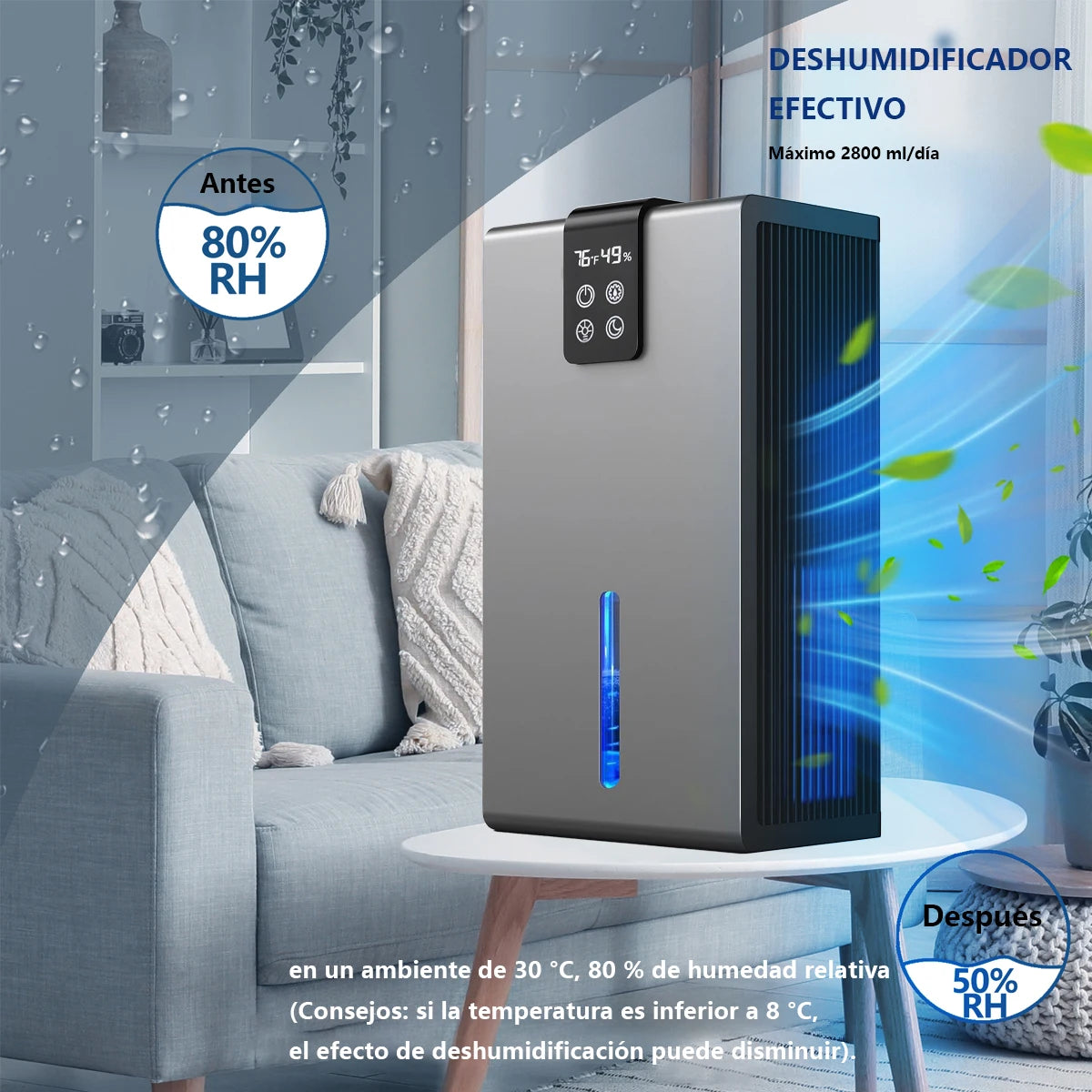Home dehumidifier, suitable for a 950 sq ft bathroom, silent operation, humidity monitoring, automatic shut-off, and RV-specific.