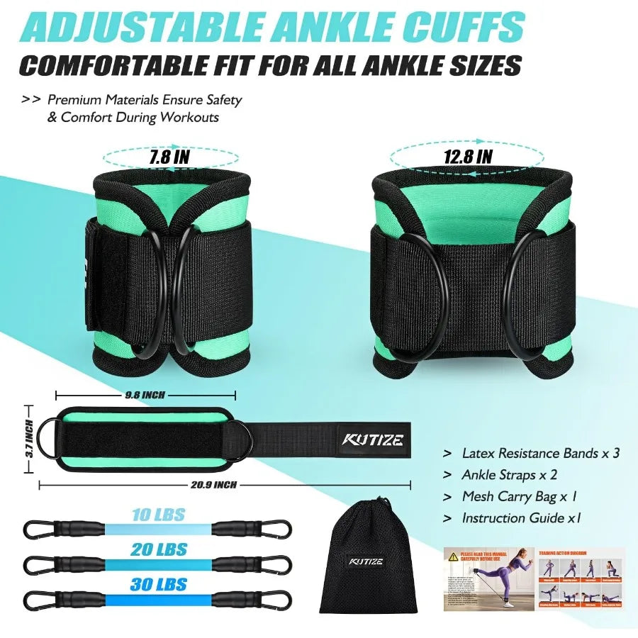 Ankle Resistance Bands with Cuffs, 3-Level Adjustable Leg & Glute Workout Equipment, Portable Exercise Bands for Kickbacks,