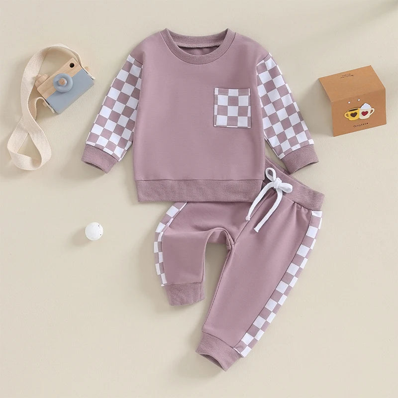 2023-08-17 Lioraitiin Baby Girl Clothes Outfits Long Sleeve Sweatsuit Checkboard Sweatshirt and Pants Toddler Infant Clothing