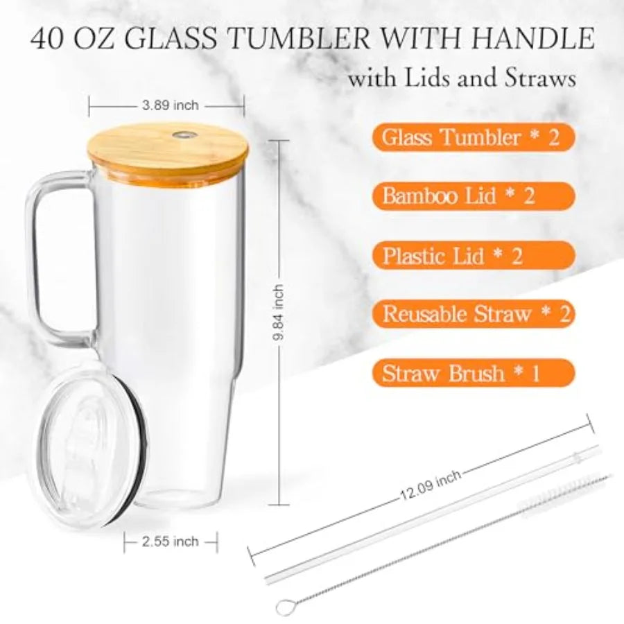 40 oz Glass Cups with Lids and Straws 2 Pack Large Glass Tumbler with Handle Borosilicate Ice Coffee Cups, with Bamboo Lid and