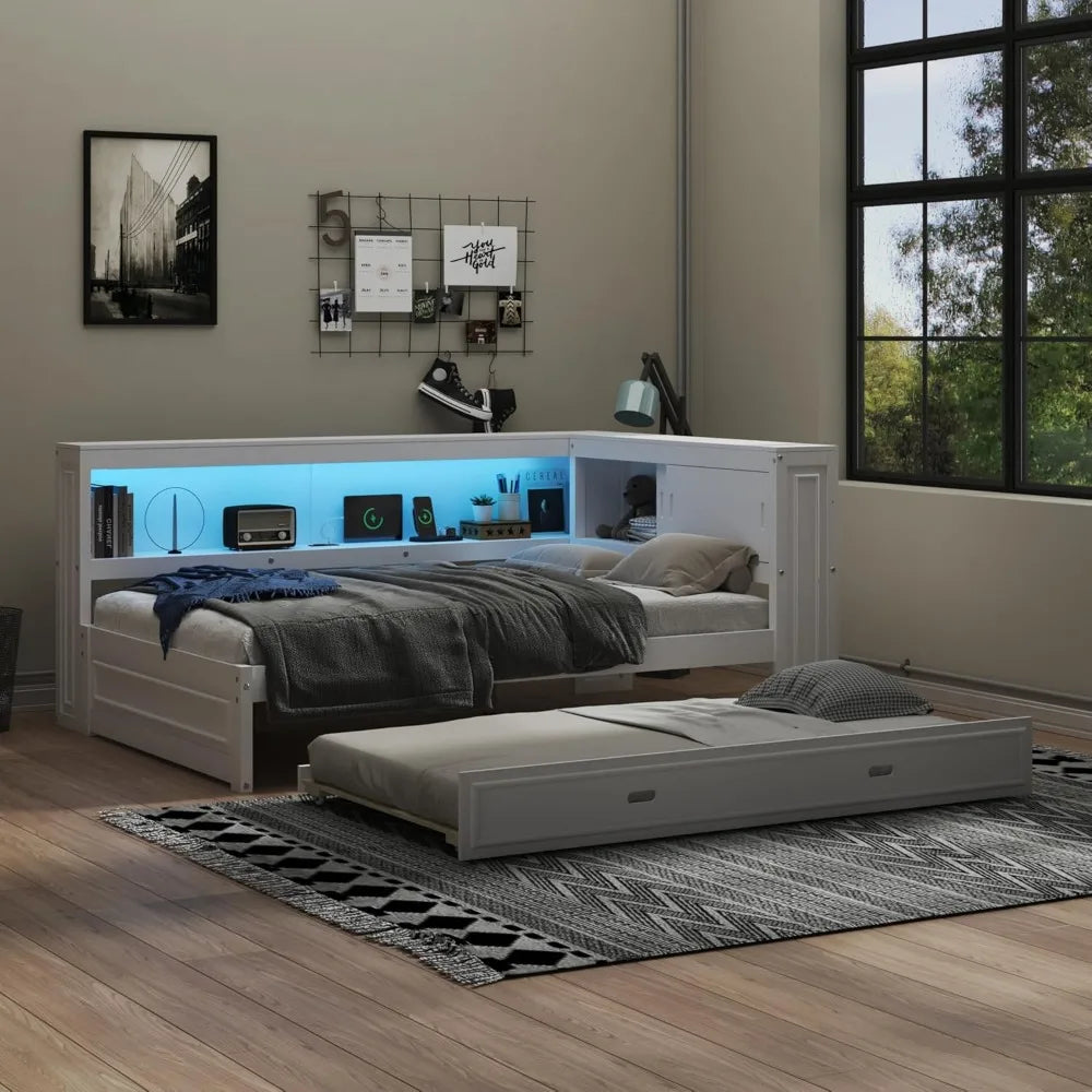 Full Size Daybed with Trundle and Storage Bookcase, L Shaped Daybed with LED Lights & USB Ports, Full Corner Bed Frame with Con