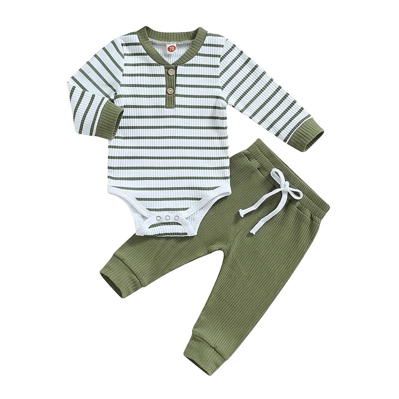2023-06-29 Lioraitiin 0-24M Infant Baby Boy 2Pcs Fall Outfits Long Sleeve Striped Print Romper Pants Set Infant Warm Clothes