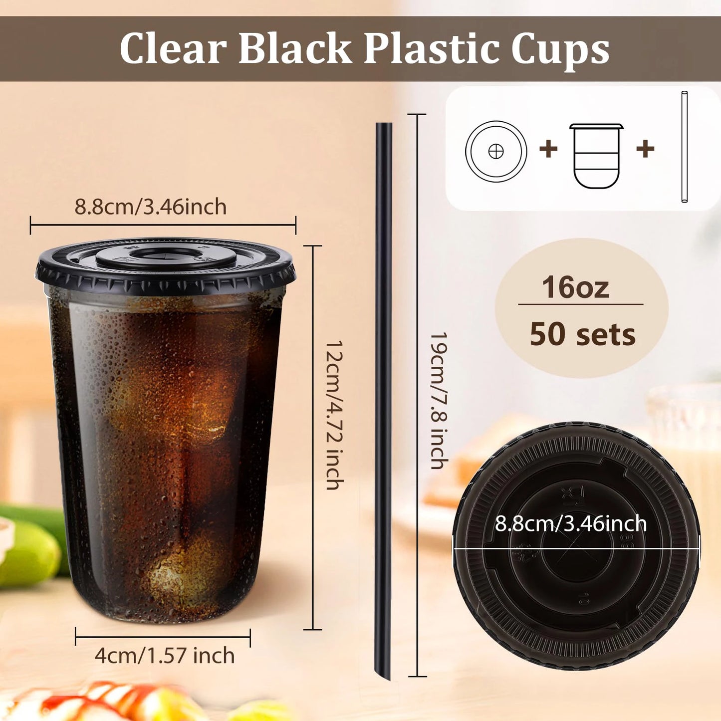 50 Sets of 16oz Black Transparent Cups with Lids and Straws - Disposable Cold Drink Cups for Iced Coffee, Milk Tea, Smoothies, and Party Events