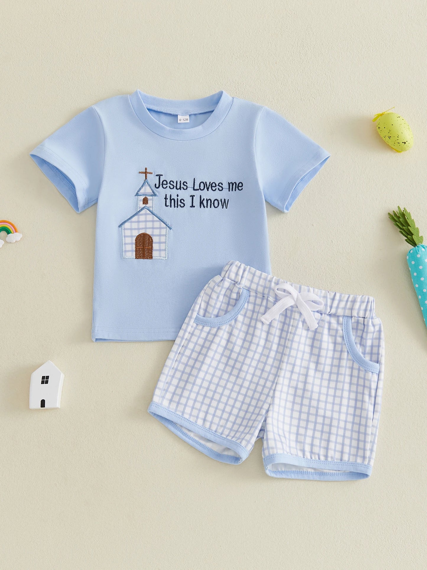 Kids Easter Outfit Set Short Sleeve O Neck Letter House Embroidery Tee Plaid Shorts Boys Summer Clothing Set