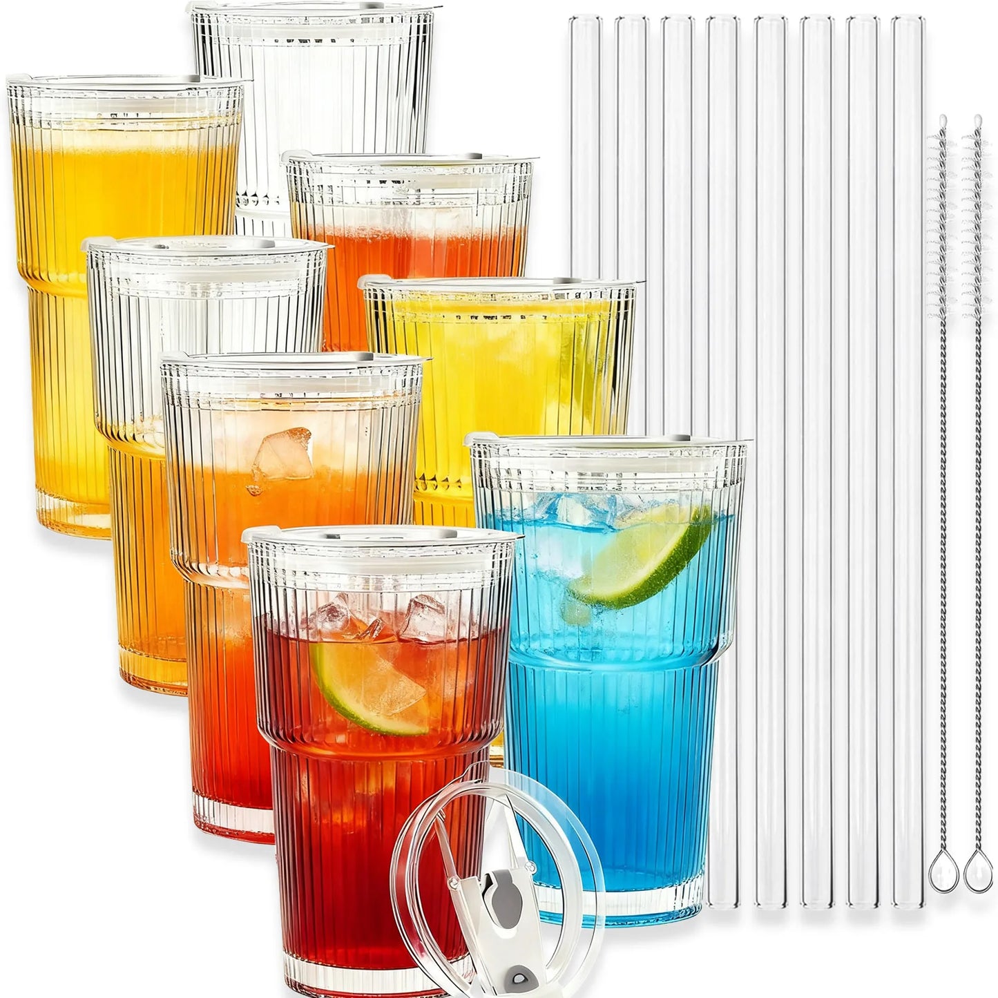 8Pcs 20oz Ribbed Glass Cups With Lids & Glass Straws, Thickened Vintage Tumblers For Coffee, Cocktails And Juices