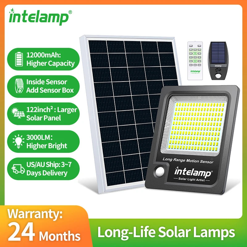 Intelamp 12000mah Long Battery Life Solar Lights With Super Large Solar Panel Faster Charging Two Motion Sensors Detect Wider&Longer For Garden Street Wall Yard