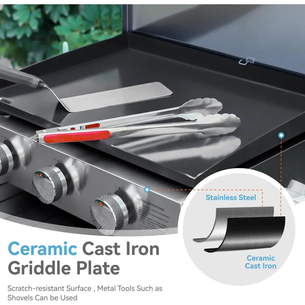 27 inch BBQ Propane Gas Griddle, Freestanding/Tabletop Flat Top Griddle w/Ceramic Coated Cast Iron Pan, 3 Burner Lift-Off Gridd
