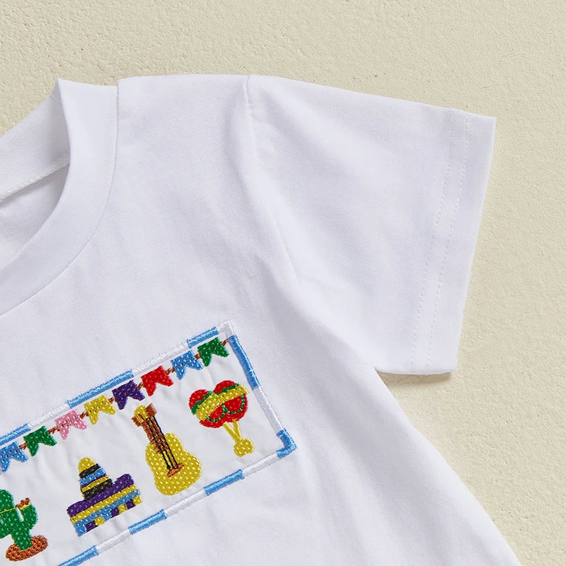 Infant Boy Casual Summer Wear Embroidered Crew Neck Tee with Striped Shorts Set for a Stylish Look