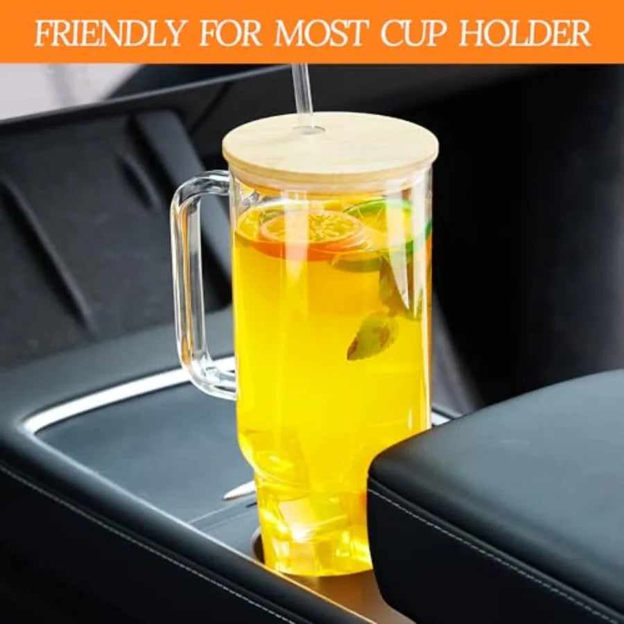 40 oz Glass Cups with Lids and Straws 2 Pack Large Glass Tumbler with Handle Borosilicate Ice Coffee Cups, with Bamboo Lid and