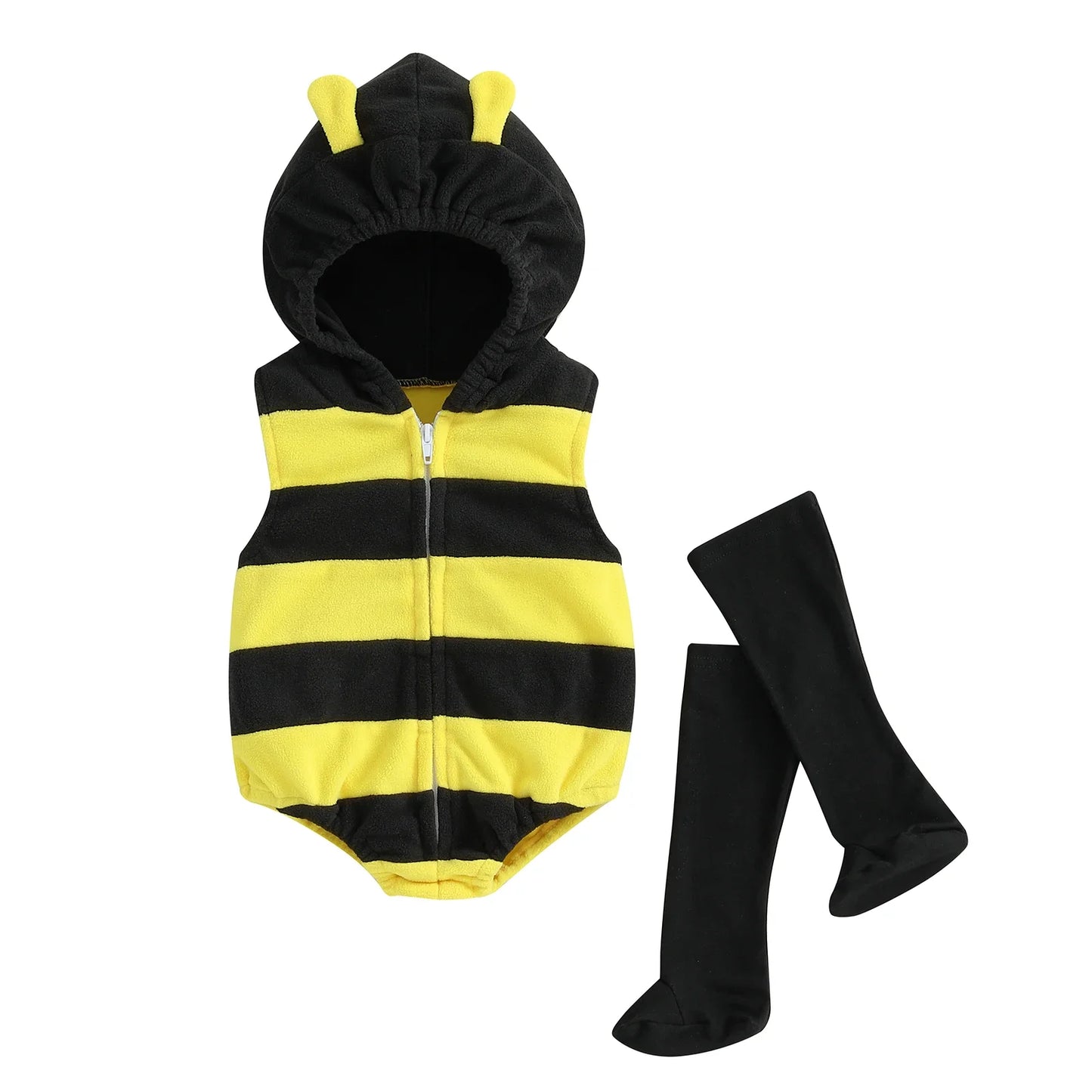 VISgogo 0-24 Months Baby Bee Costume Halloween Party Sleeveless Stripes Hooded Romper Long Socks Newborn Costume Outfit