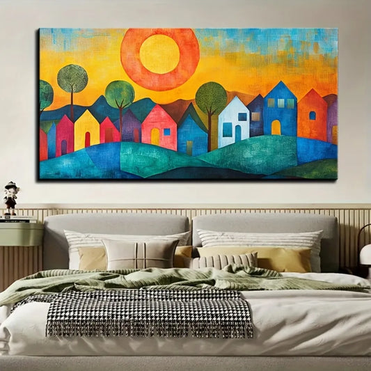 1 large abstract house canvas wall art print, wall decoration, 1.5 inch thick pine solid wood frame