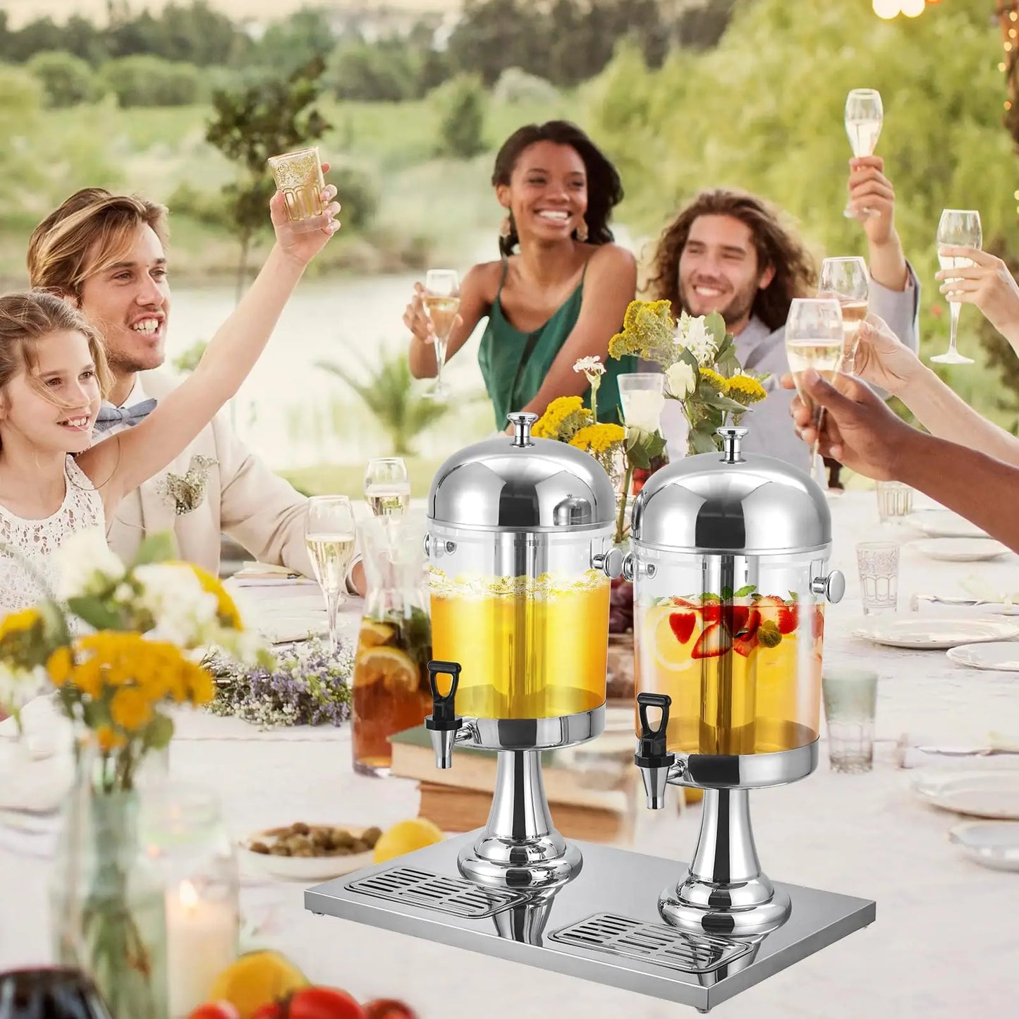 Beverage Dispenser with Ice Core, Stainless Steel Cold Drink Dispenser with Stand, Spigot & Drip Tray for Lemonade, Iced Tea