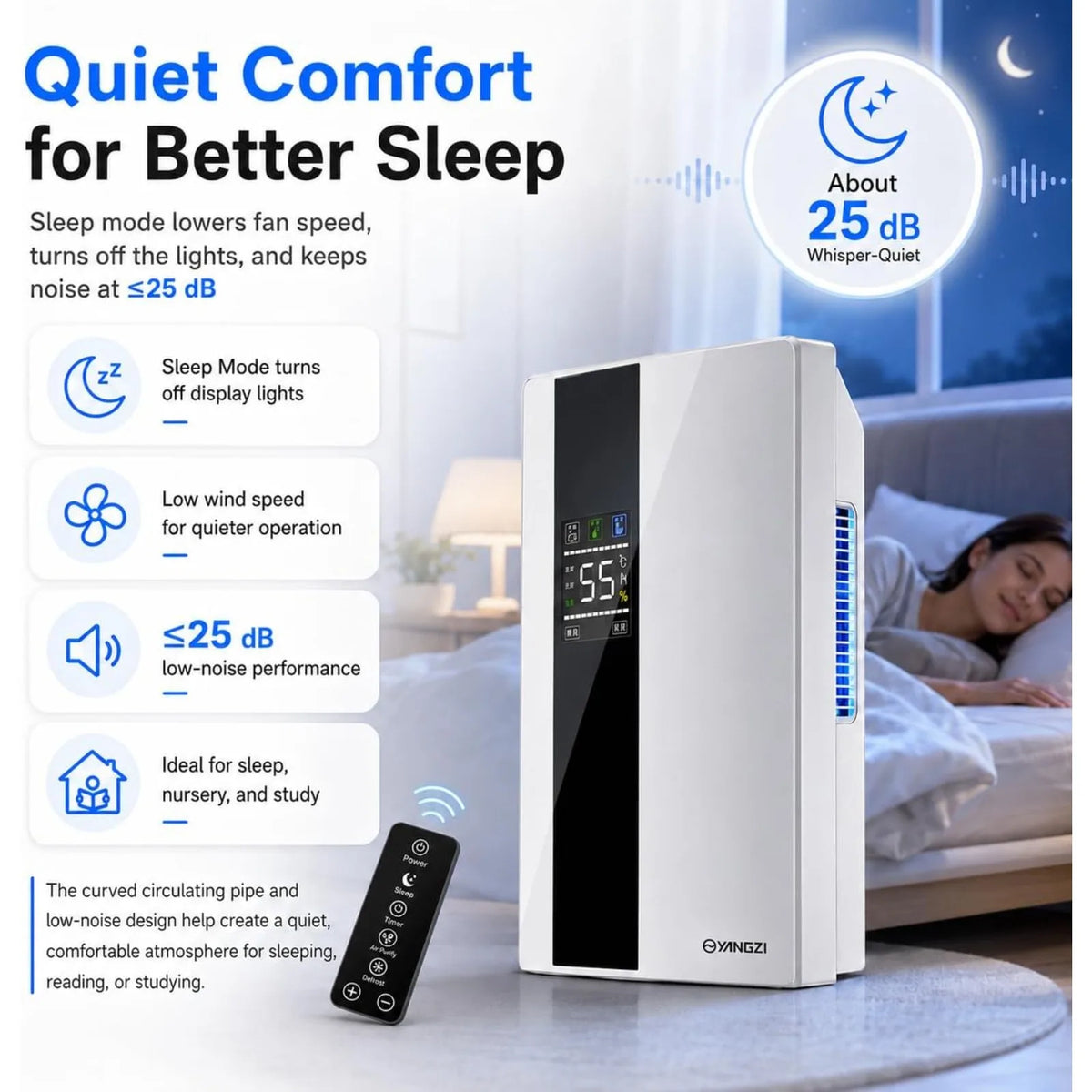 Quiet Intelligent Portable Dehumidifier with Remote Control & Water Hose, 120W Efficient Dehumidifier Suitable for 323 Sq.ft Space, Small Dehumidifier for Bedroom Bathroom Basement Closet RV Home Use