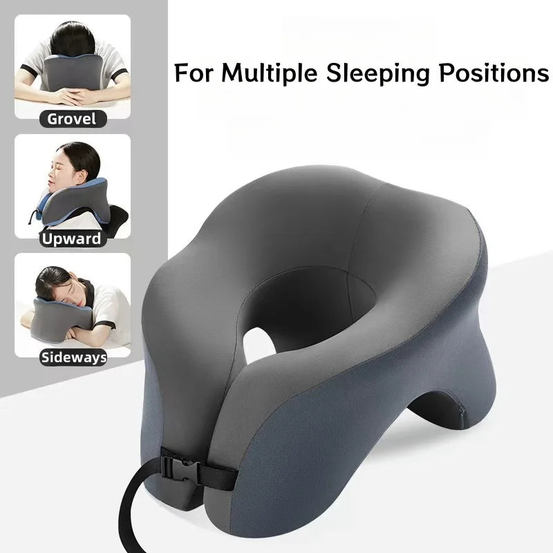 U-shaped portable travel pillow, memory foam sleep aid, used for napping in airplanes and cars, ergonomic head support pillow.