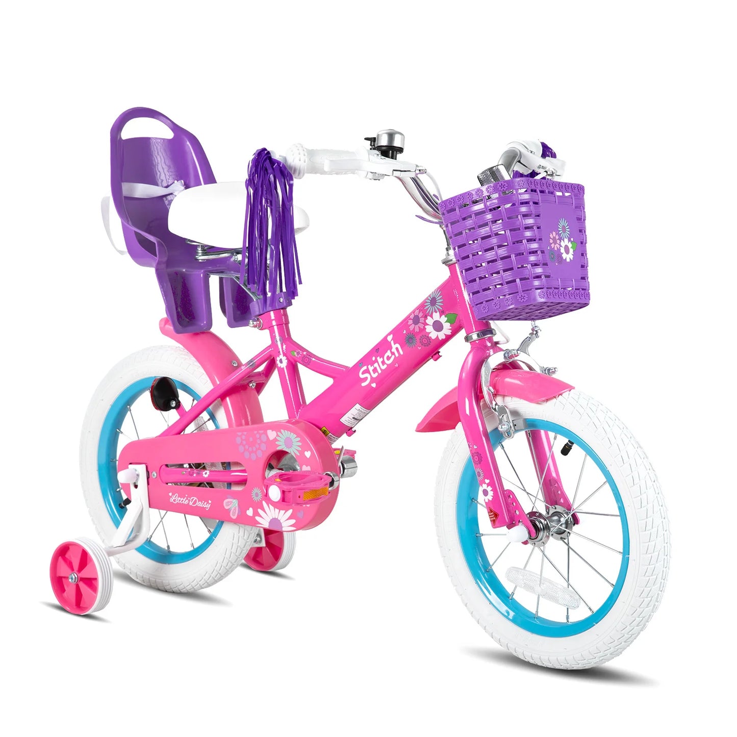 STITCH Kids Bike for Girls Boys Ages 2-7 Years, 12 14 16 Inch Girls Bikes with Doll Bike Seat & Streamers, Bicycle basket
