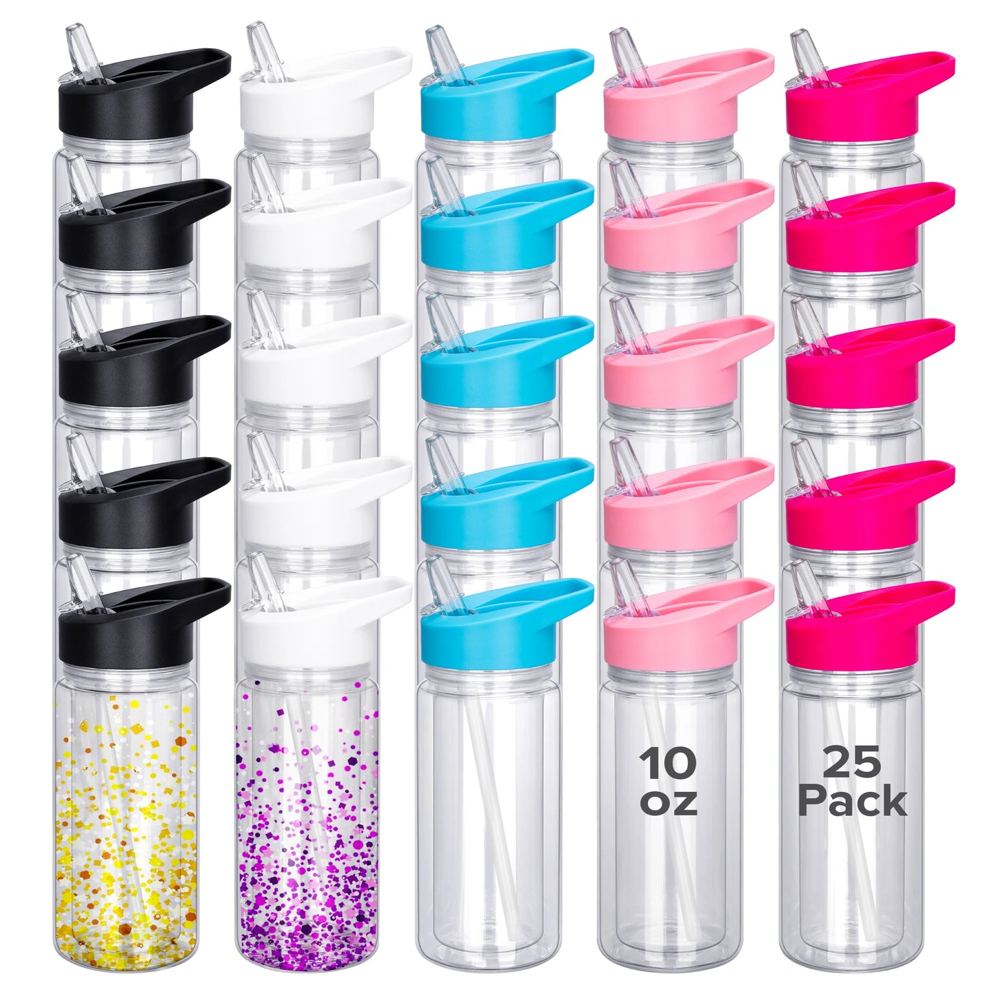 25 Pack 10 Oz Plastic Double Wall Snow Globe Tumbler,Kids with Pre-Drilled Hole and Plug Sports Water Bottle,Glitter DIY Gift