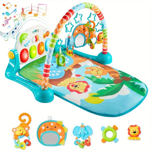 JOYFY Baby Play Mat Tummy Time Mat Toy for 0-6 Months Baby Musical Learning Toy Adorable Animal-Themed Play Gym with Piano Panel