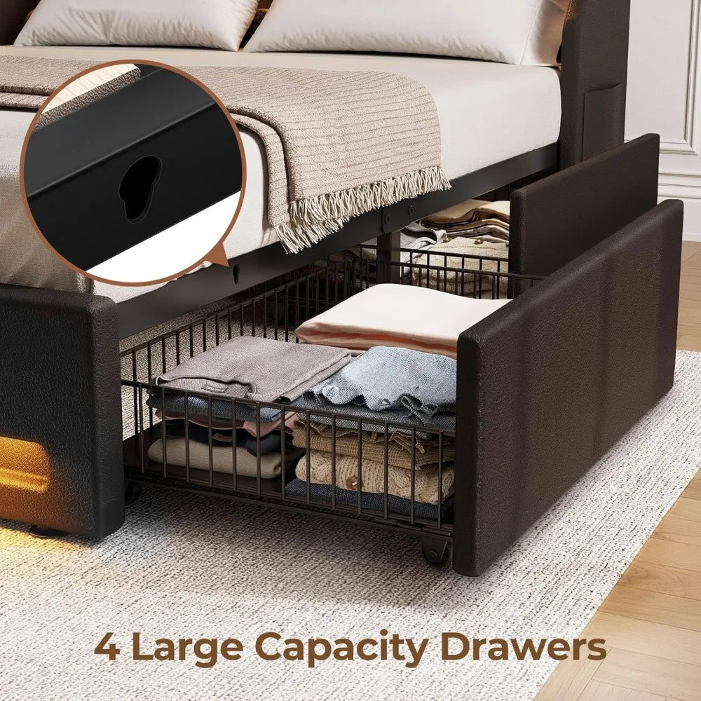 Luxury LED-lit Queen Size Bed Frame with Charging Station, PU Leather Bed Base and Storage Drawers, Wooden Slats Support, Quiet