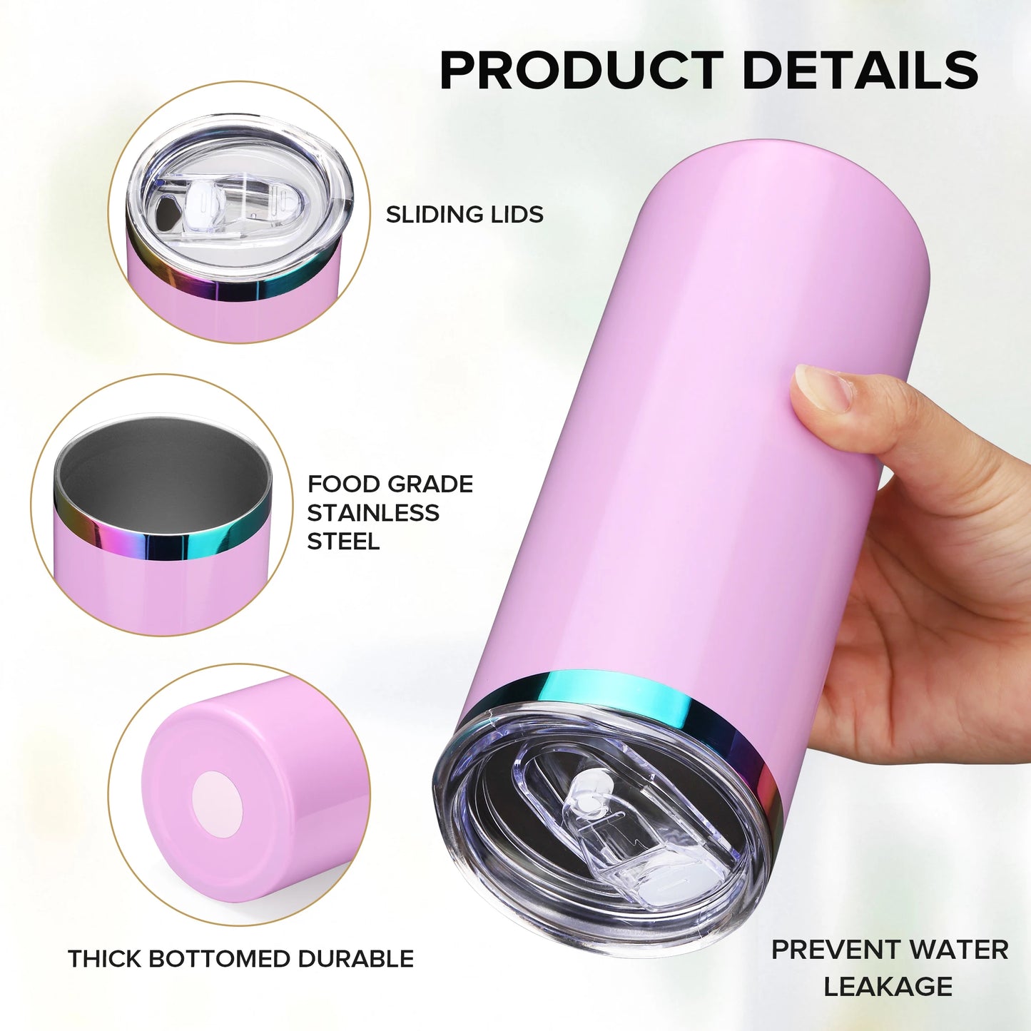 12 Pack 20oz Stainless Steel Skinny Tumblers, Gloss Powder Coated- Rainbow Color Plated Insulated Tumbler with Lid And Straw