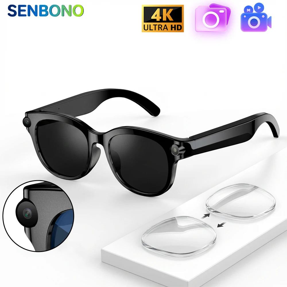 SENBONO 2026 New Smart Glasses 200W Pixels Camera Portable Charger 100+language Translation Bluetooth Call Music Player Glasses