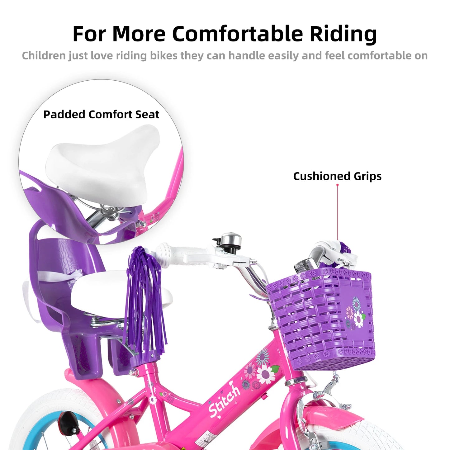 STITCH Kids Bike for Girls Boys Ages 2-7 Years, 12 14 16 Inch Girls Bikes with Doll Bike Seat & Streamers, Bicycle basket