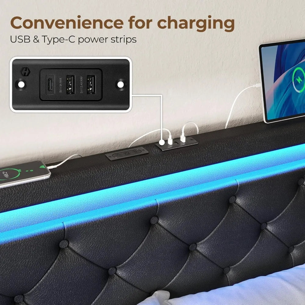 Luxury LED-lit Queen Size Bed Frame with Charging Station, PU Leather Bed Base and Storage Drawers, Wooden Slats Support, Quiet