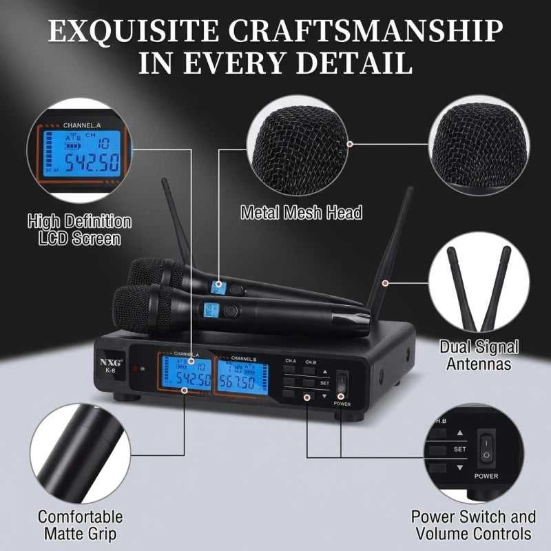 NXG  K-6 UNIVERSAL-1TO2 Dual Wireless Microphone Receiver Kit, Metal Mesh Mic Head, Matte Comfort Grip, Dual Signal Antennas, Crystal Clear Hi-Fi Audio, Zero Delay Sound, Multi-Scene Wireless Mic System for Family Singing, Li