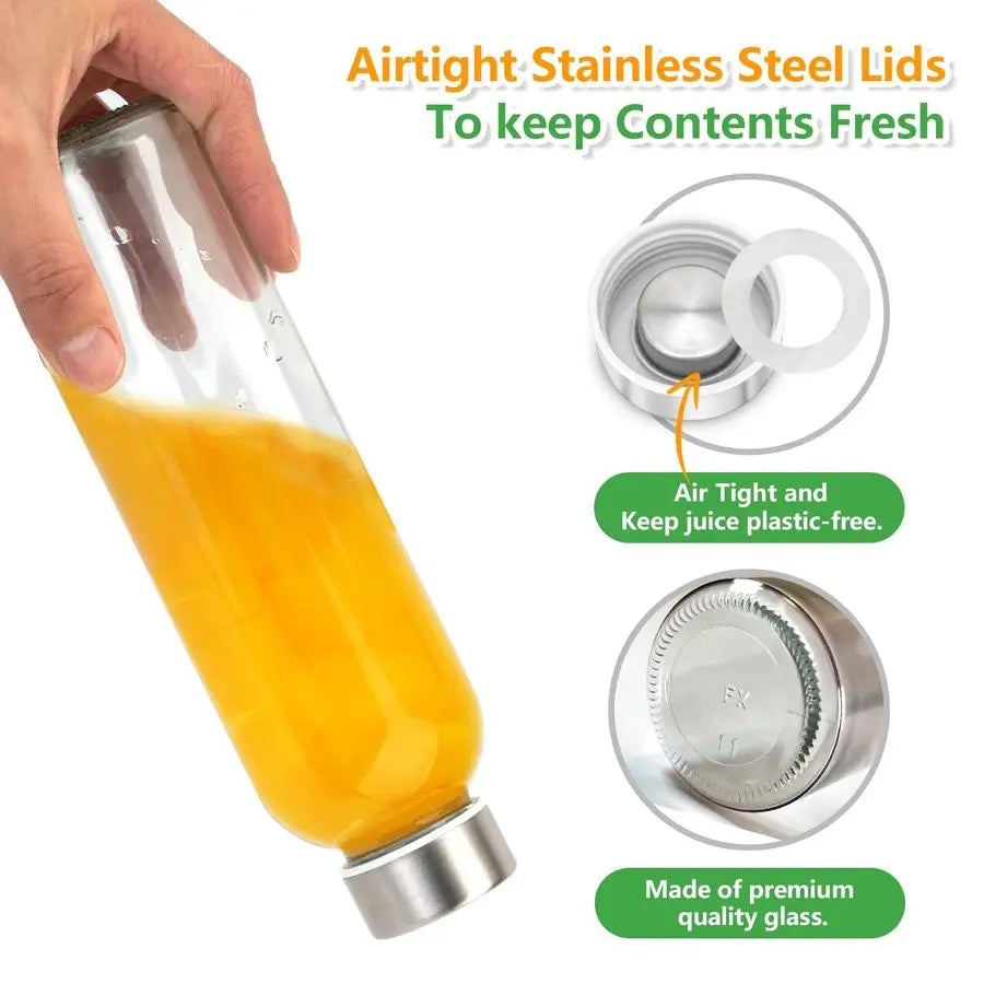 Glass Water Bottles with Lids 18 oz, 12 Pack Reusable Juice Bottles With Stainless Steel Airtight Cap for Juicing, Leak Proof Cl