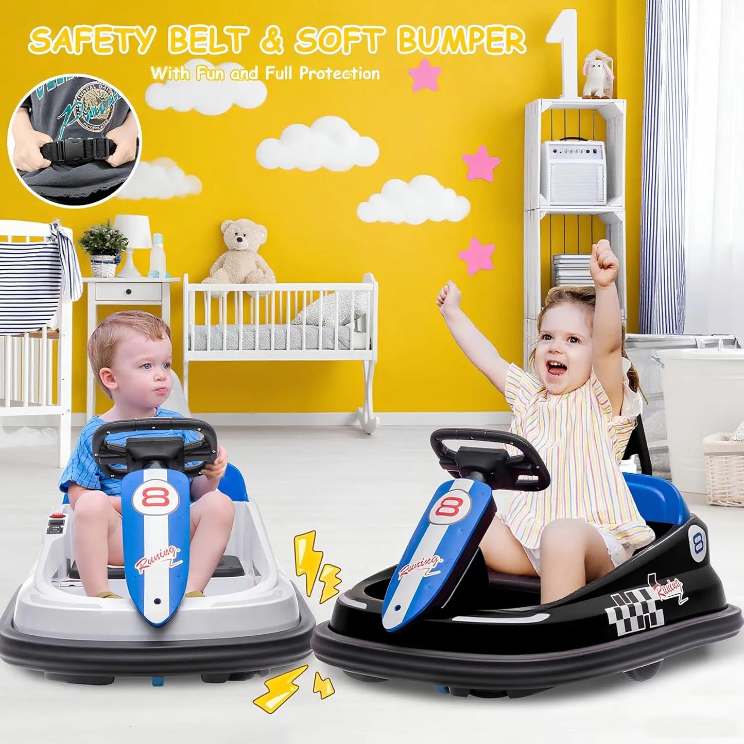 Bumper Car for Toddlers 6V Electric Ride On Toys for Kids 1.9 MPH Max Speed Steering Wheel 360 Degree Spin Lights Music & Horn
