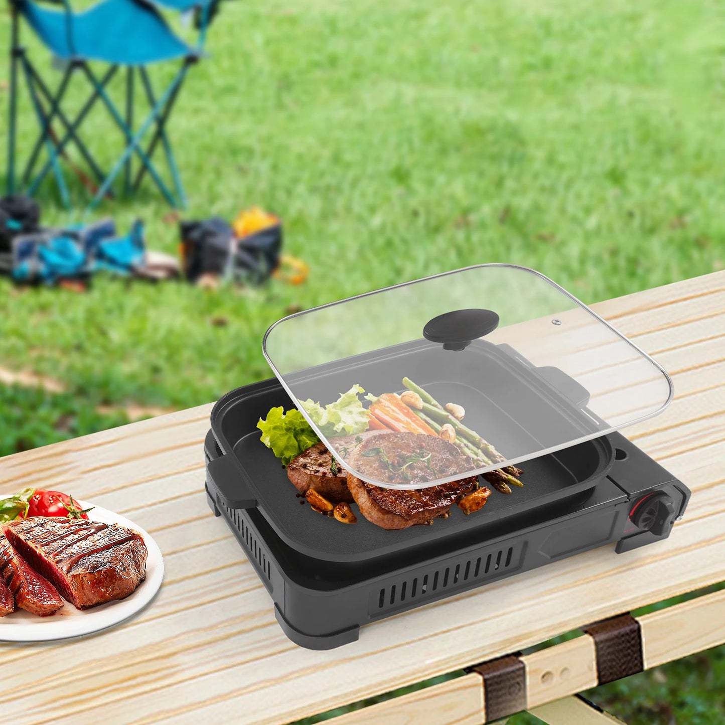 Portable Butane Gas Grill Stove Outdoor Camping Picnic BBQ with Non-Stick Grill Pan Tempered Glass Lid for Kitchen Garden Beach