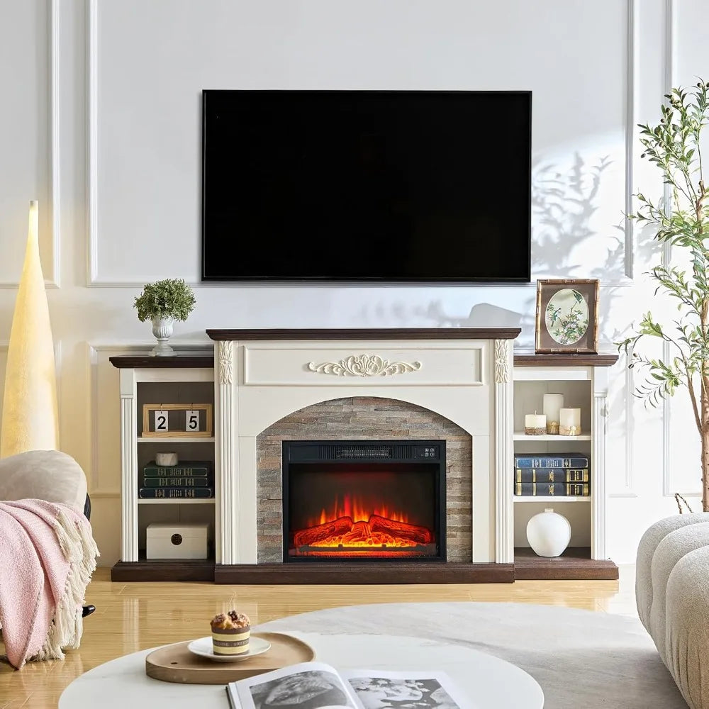 Electric Fireplace with Mantel, White TV Stand for TVs Up to 80 Inch, Farmhouse Entertainment Center with Storage for Bedroom