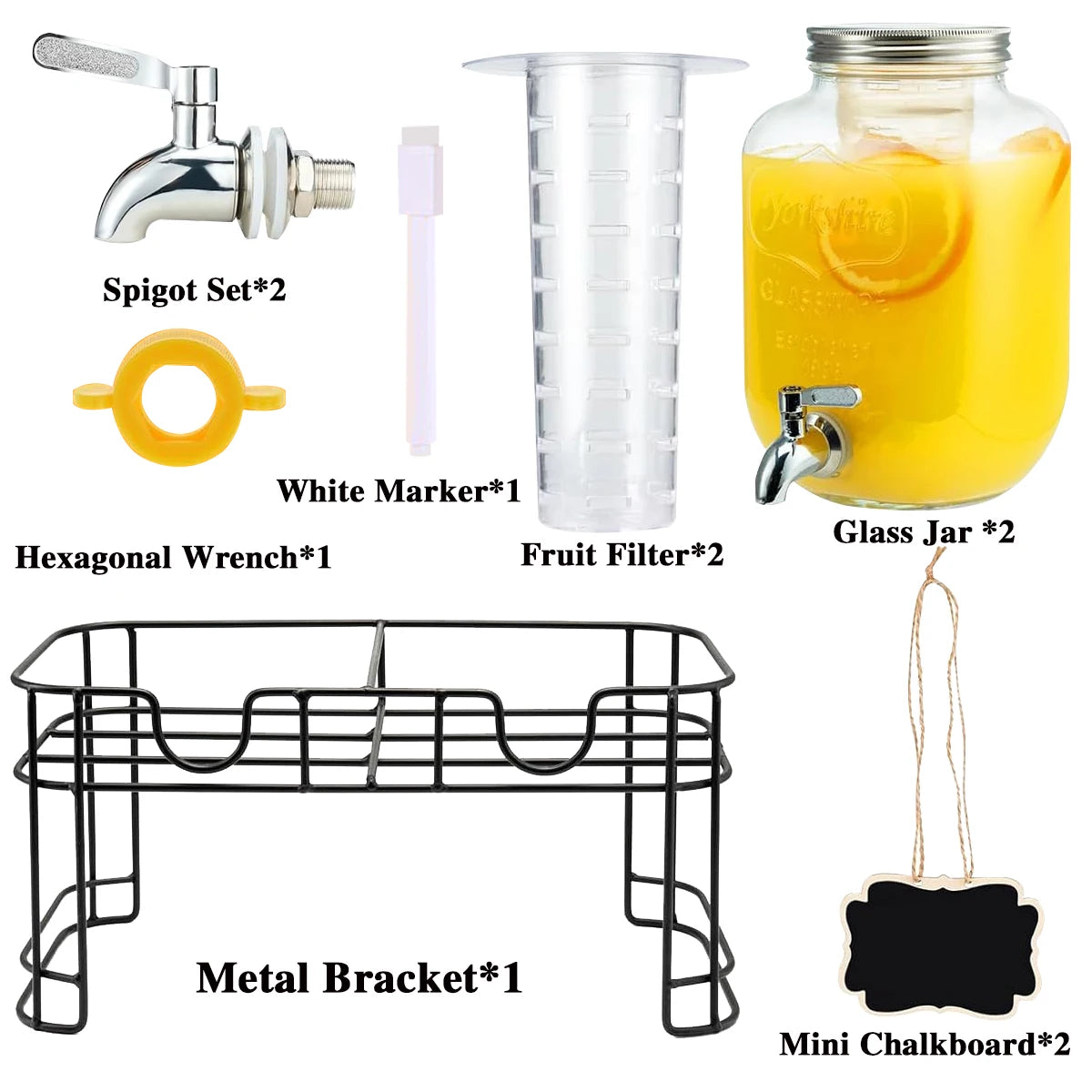 Drink Dispenser 2 Packs 1 Gallon Glass with Stand and 304 Stainless Steel Faucet Party Iced Tea Lemonade Juice Water Dispenser