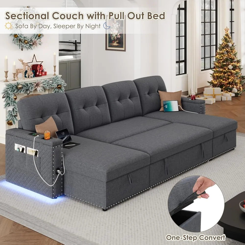 112" Sectional Pull Out Couches for Living Room with LED Lights & USB Port- Sleeper Sofa Couch w/Storage Chaise & Storage Armre