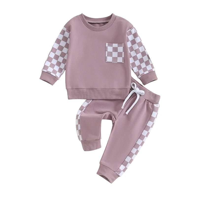 2023-08-17 Lioraitiin Baby Girl Clothes Outfits Long Sleeve Sweatsuit Checkboard Sweatshirt and Pants Toddler Infant Clothing