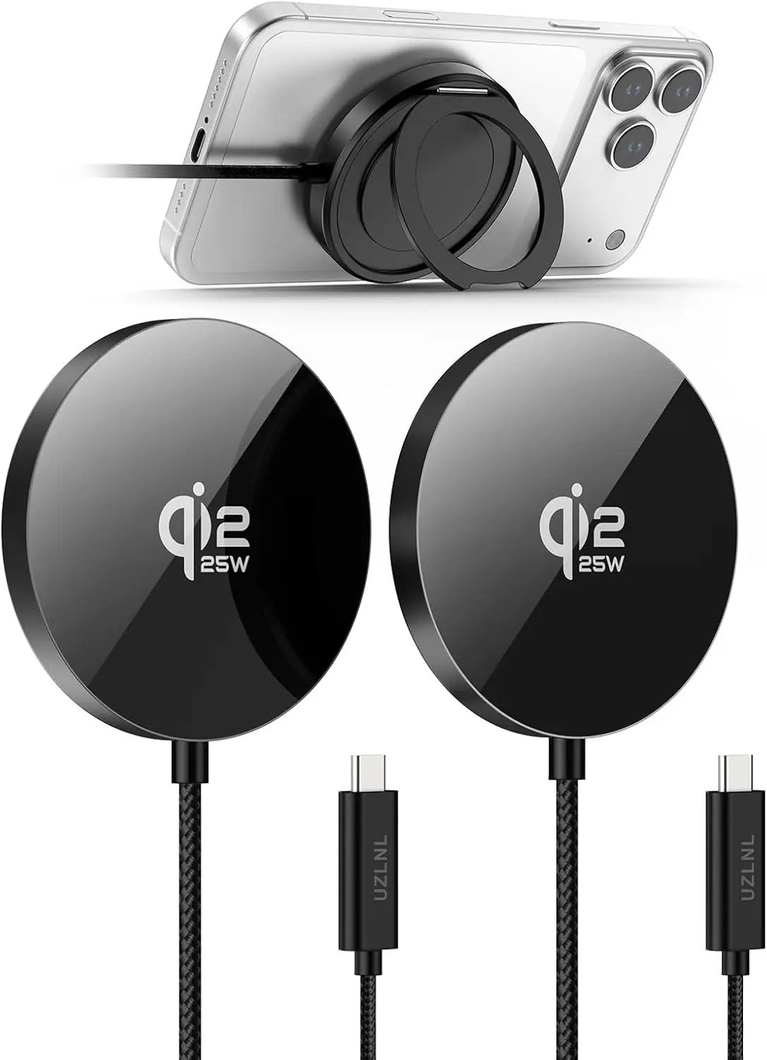 25W Magnetic Wireless Charger, Qi2.2 Fast Charging Pads with Kickstand, MagSafe Compatible for iPhone 17/16/15/14 Series & AirPods, Samsung S26/S25, Google Pixel, 2 Pack